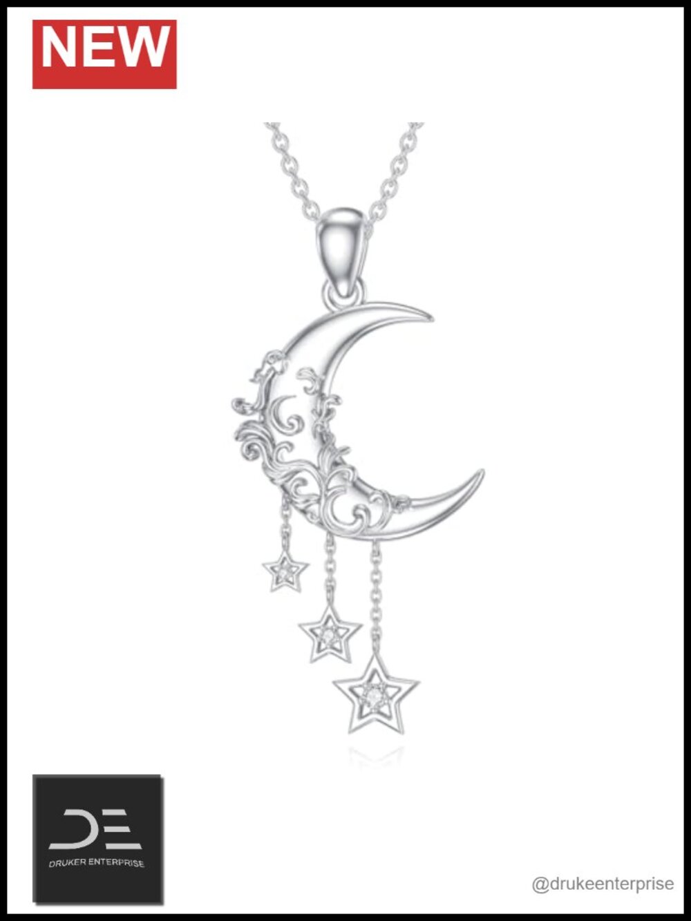 Sterling Silver Moon and Stars Necklace Diamond Pendant 18in